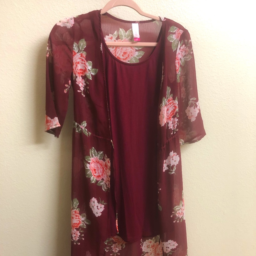 Wine Red Tank Dress with Sheer Cover-Up